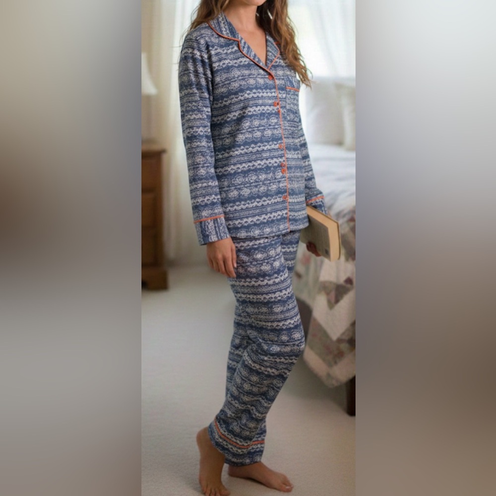 Woolrich Snow Blue Patterned Women's Pajama Set Sz XL Winter Longwear Xmas Basic